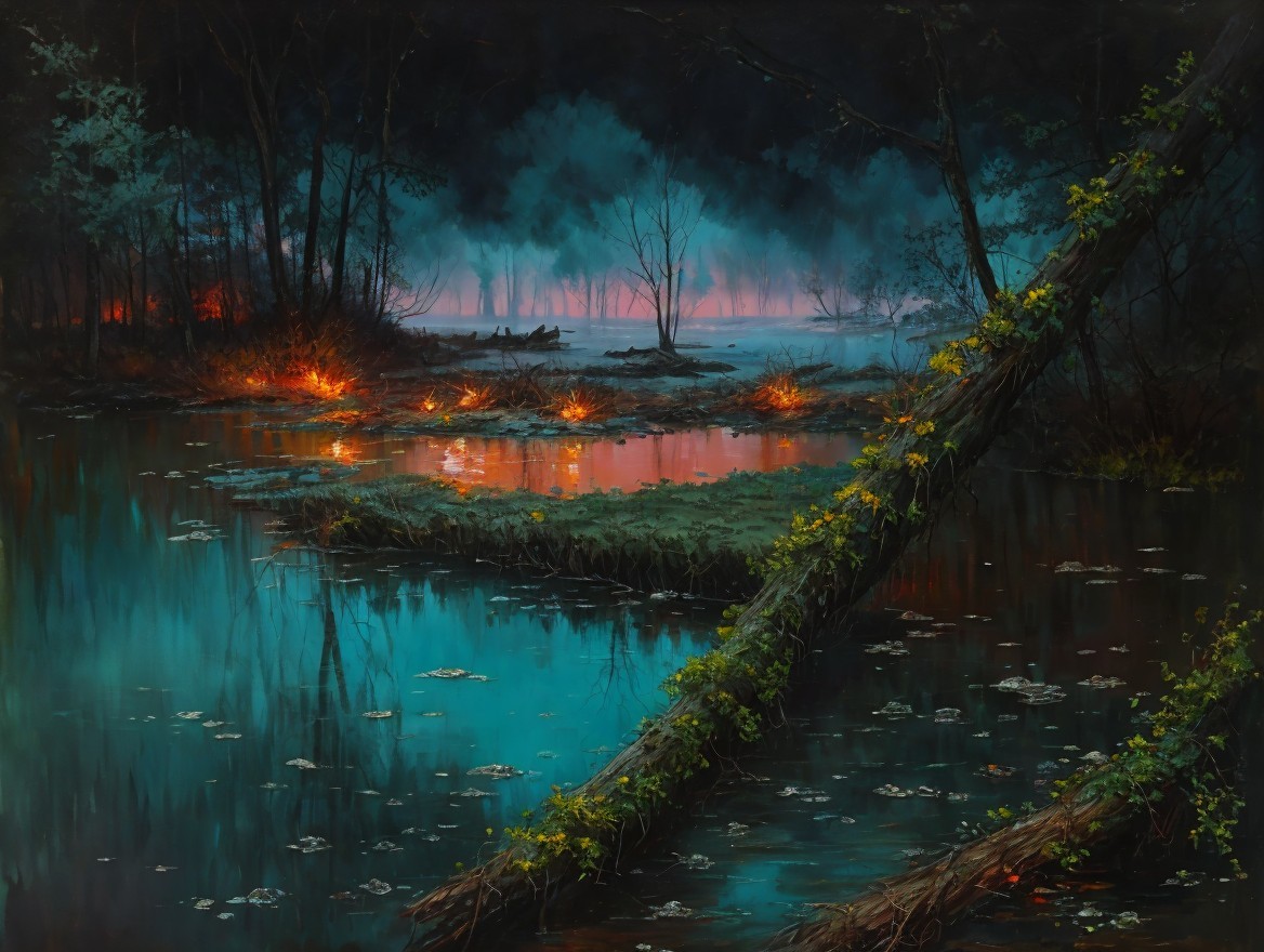 Serene Nighttime Landscape with Fog and Flickering Fires