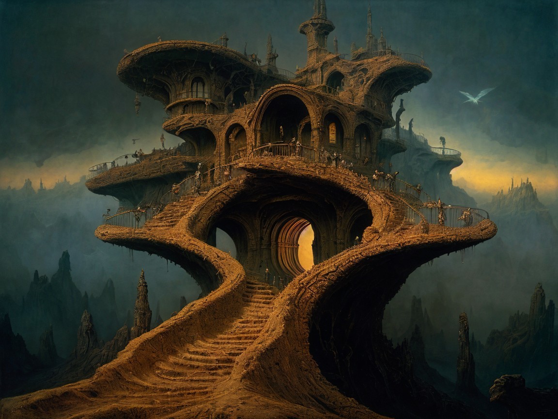 Fantastical Structure with Winding Staircases and Levels