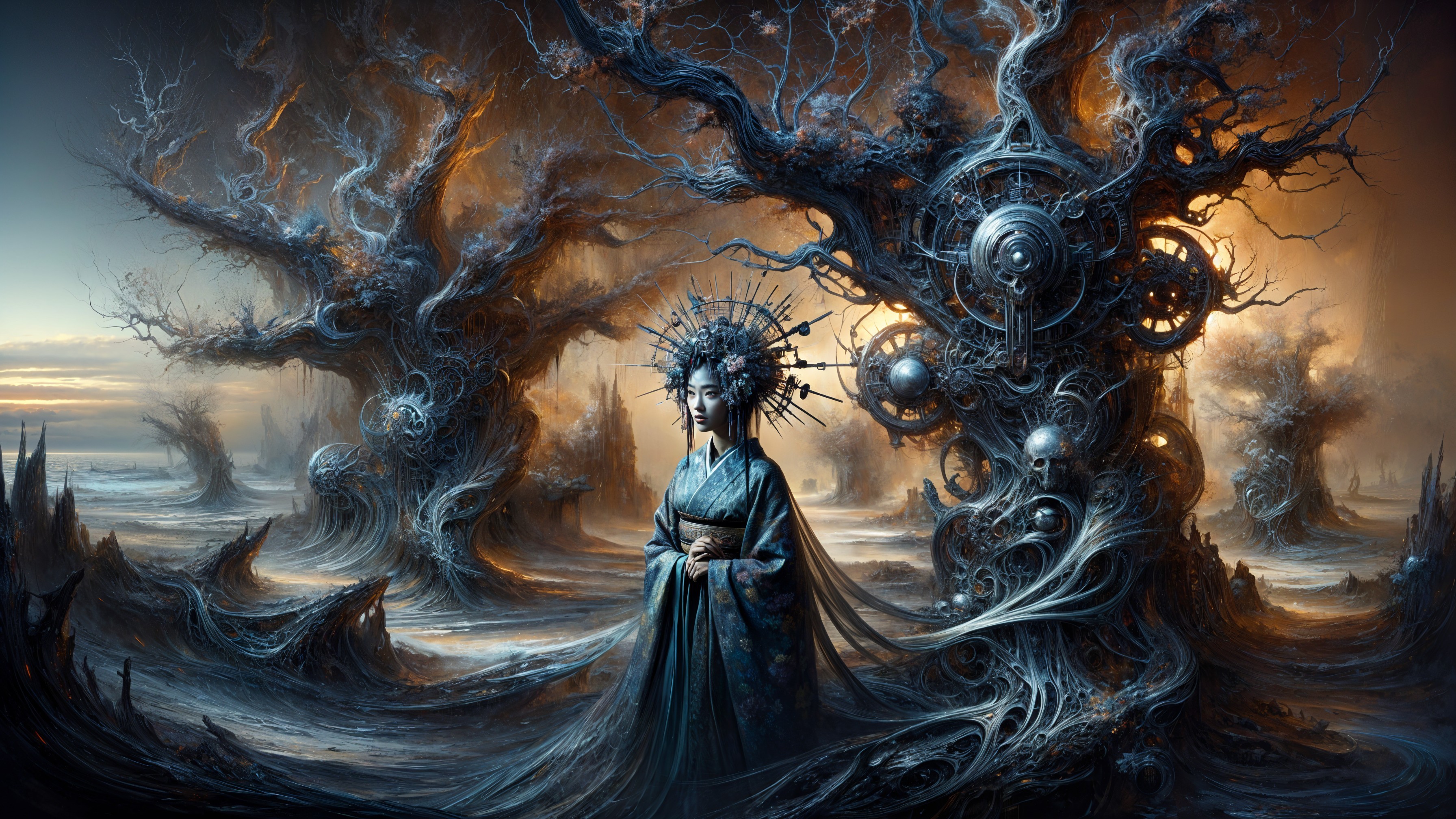 Surreal Landscape with Twisted Trees and Ethereal Forms