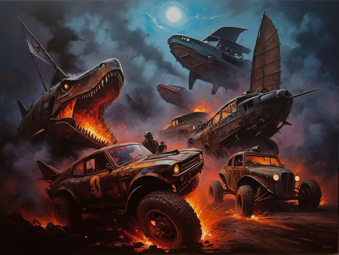 Vintage Muscle Cars and Dinosaurs in Post-Apocalyptic Scene
