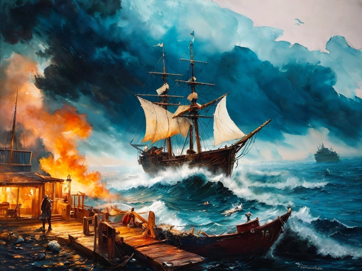 Dramatic Maritime Scene with Ship and Stormy Waves