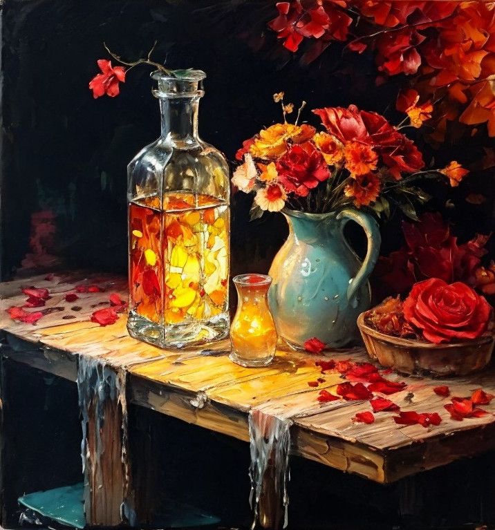 Still Life with Glass Bottle and Autumn Flowers