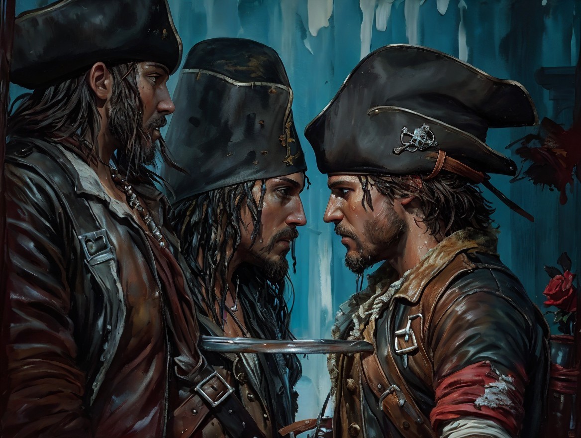 Pirates in Standoff with Swords and Cannons at Sea