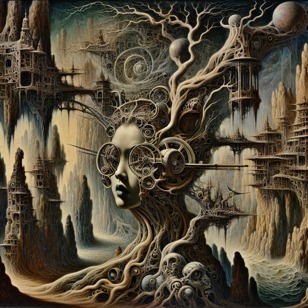 Surreal Landscape with Ethereal Face and Architecture