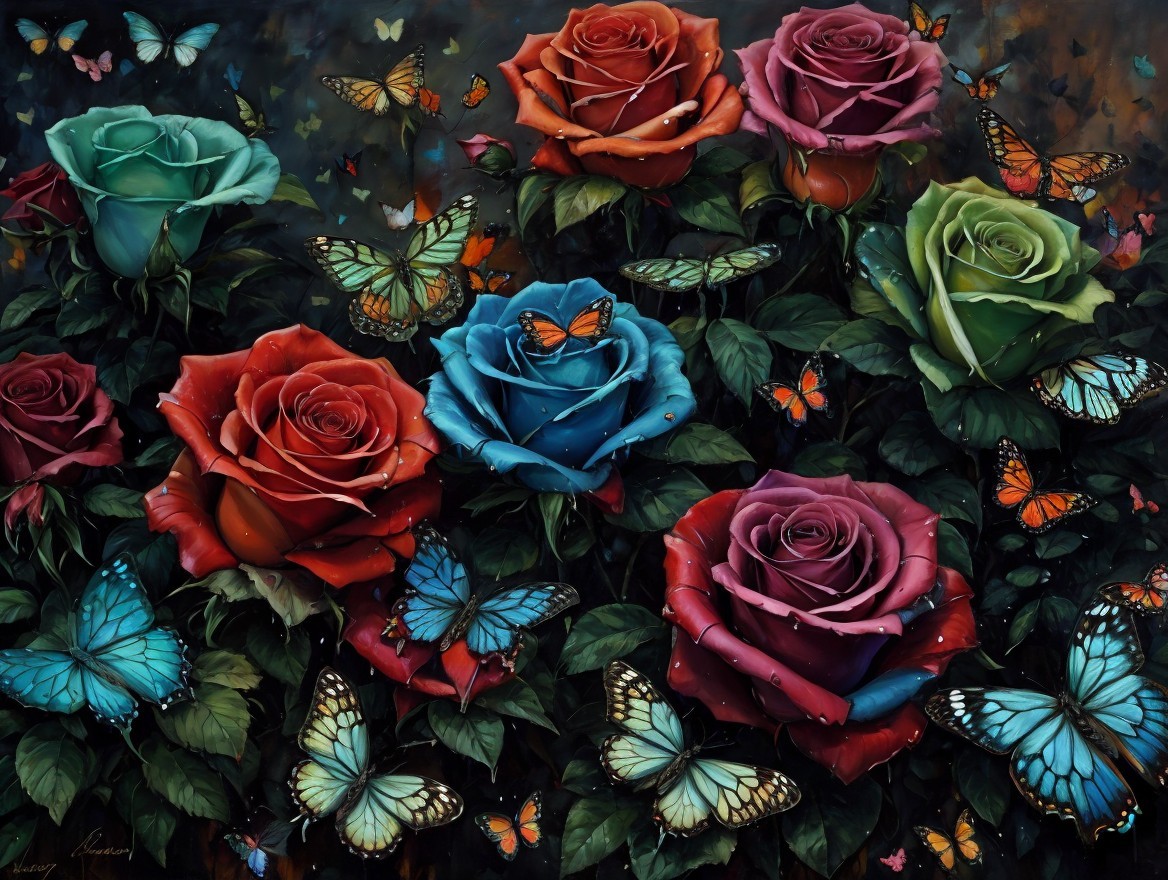 Vibrant Roses and Butterflies in a Lush Setting