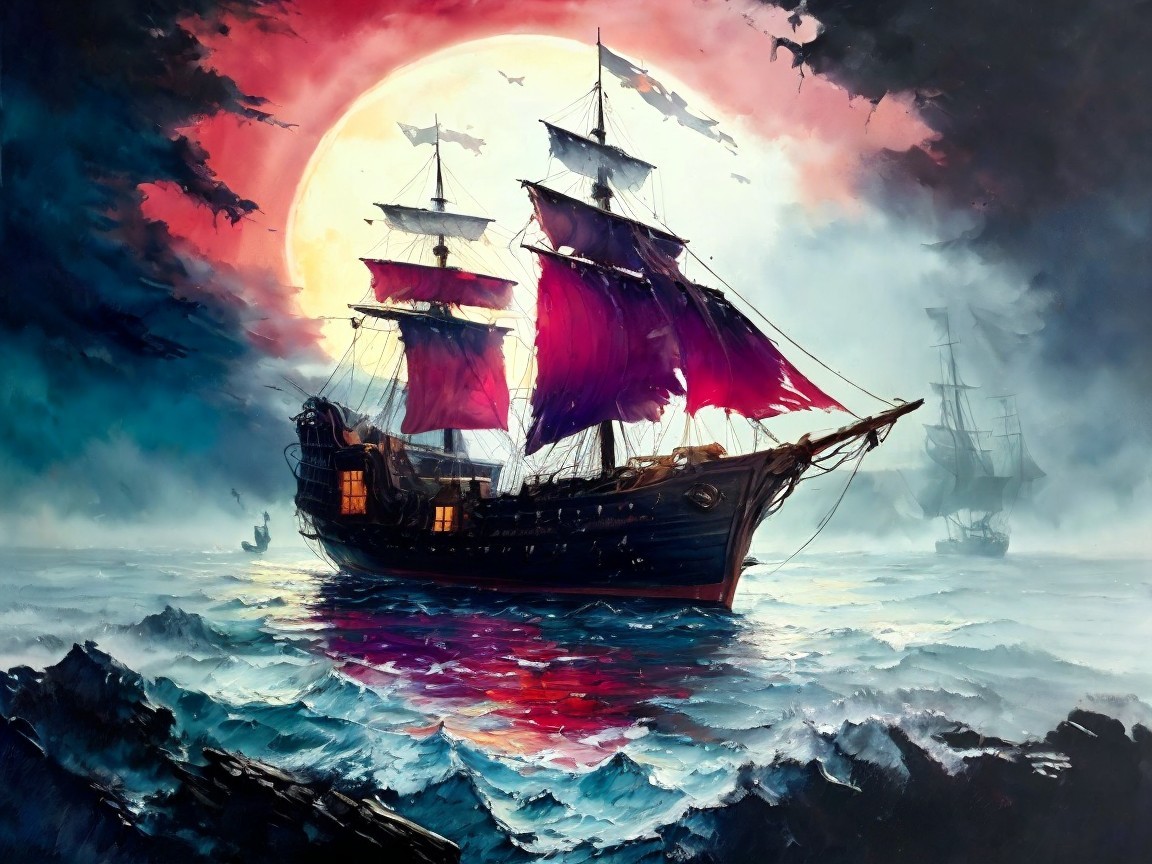 Pirate Ship on Stormy Sea with Dramatic Sky Elements