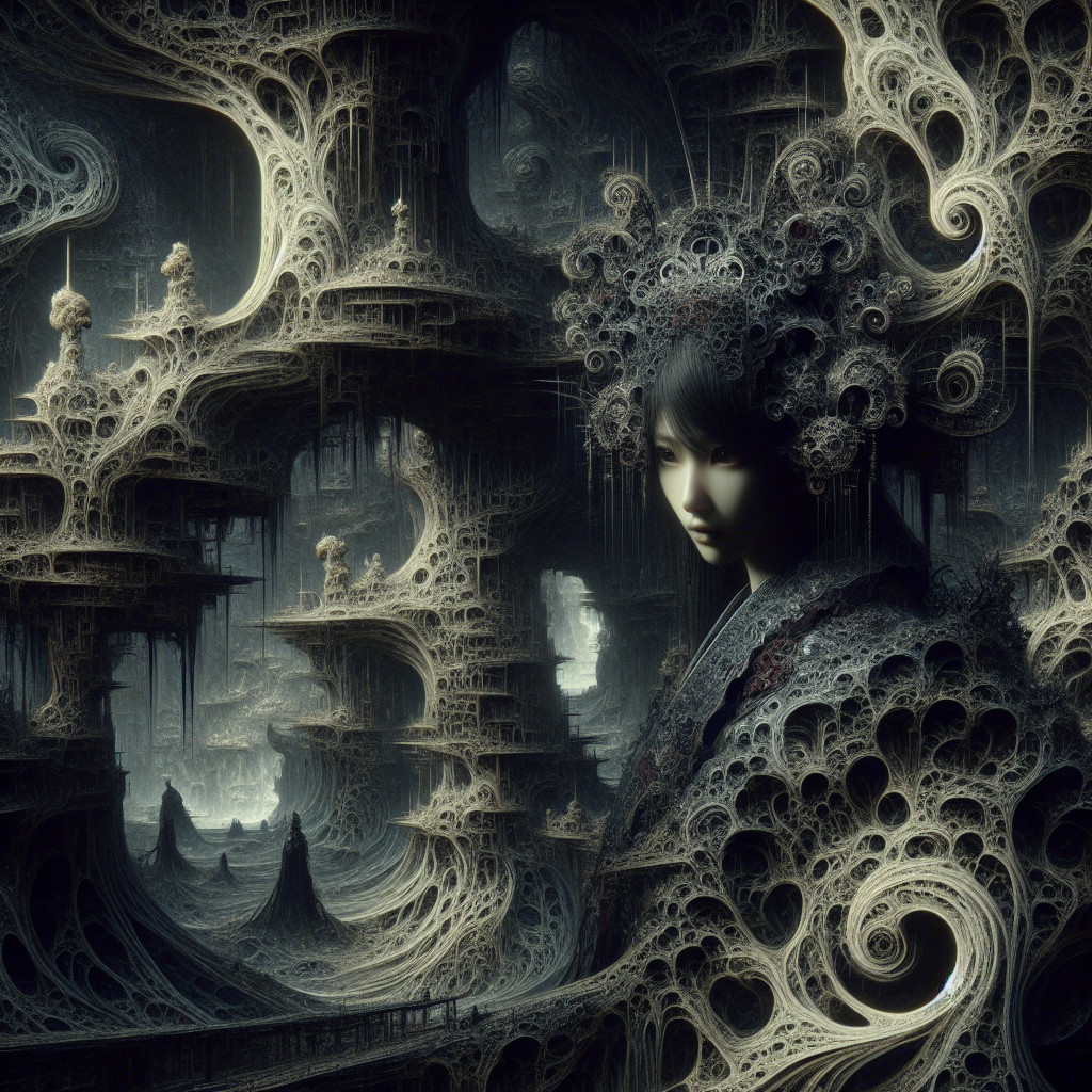 Surreal Scene of Fractal Structures and Contemplative Figure