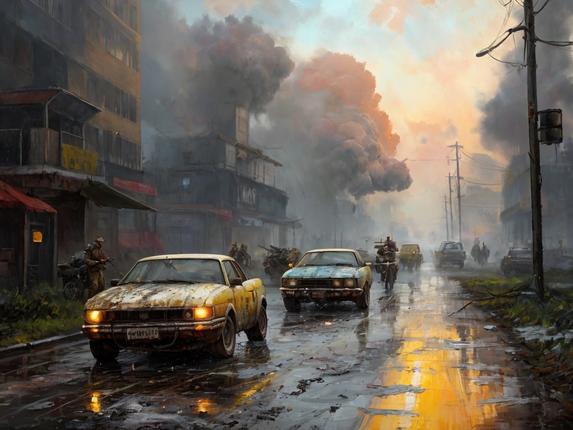 Desolate Urban Landscape at Sunset with Silhouetted Figures