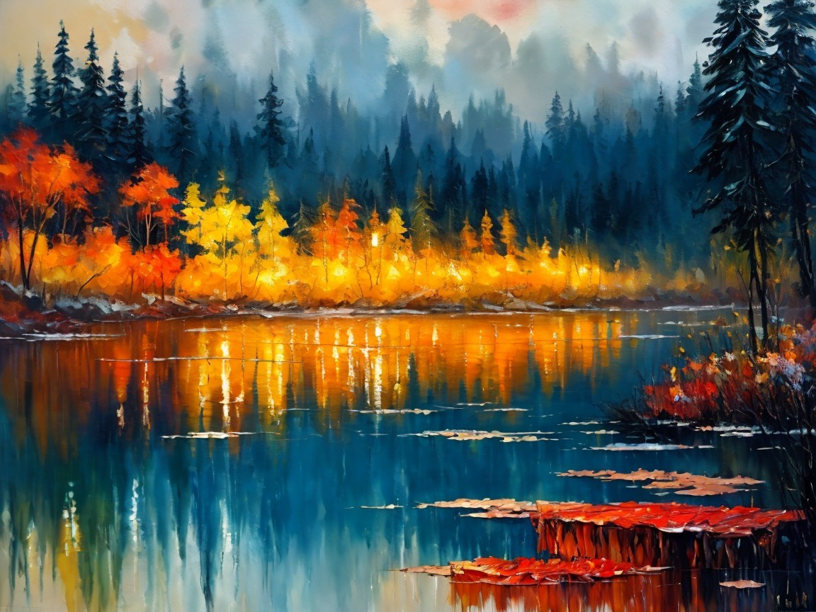 Serene Lake Surrounded by Autumn Foliage and Mountains