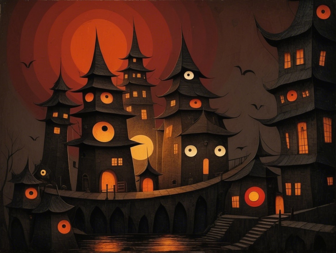 Whimsical Landscape with Pagoda Buildings and Bats