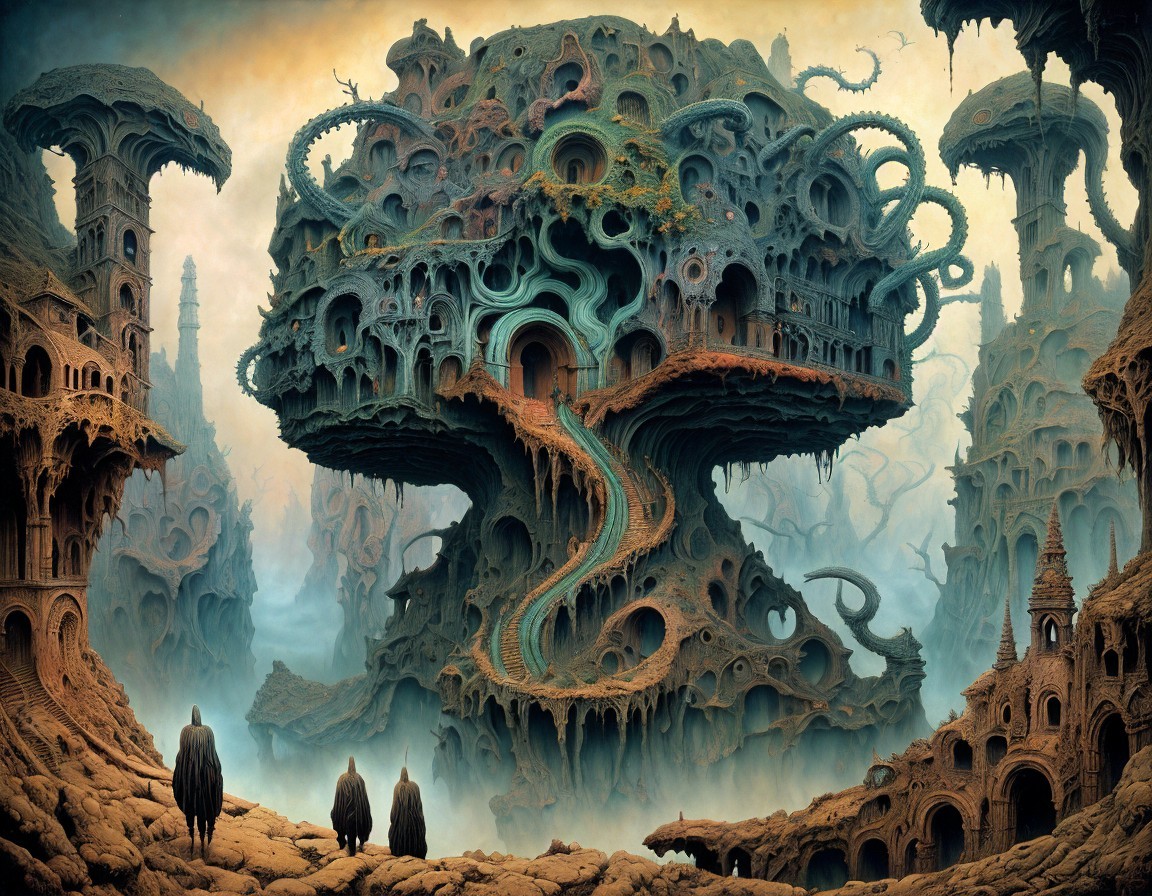 Surreal landscape with intricate tree and alien structures