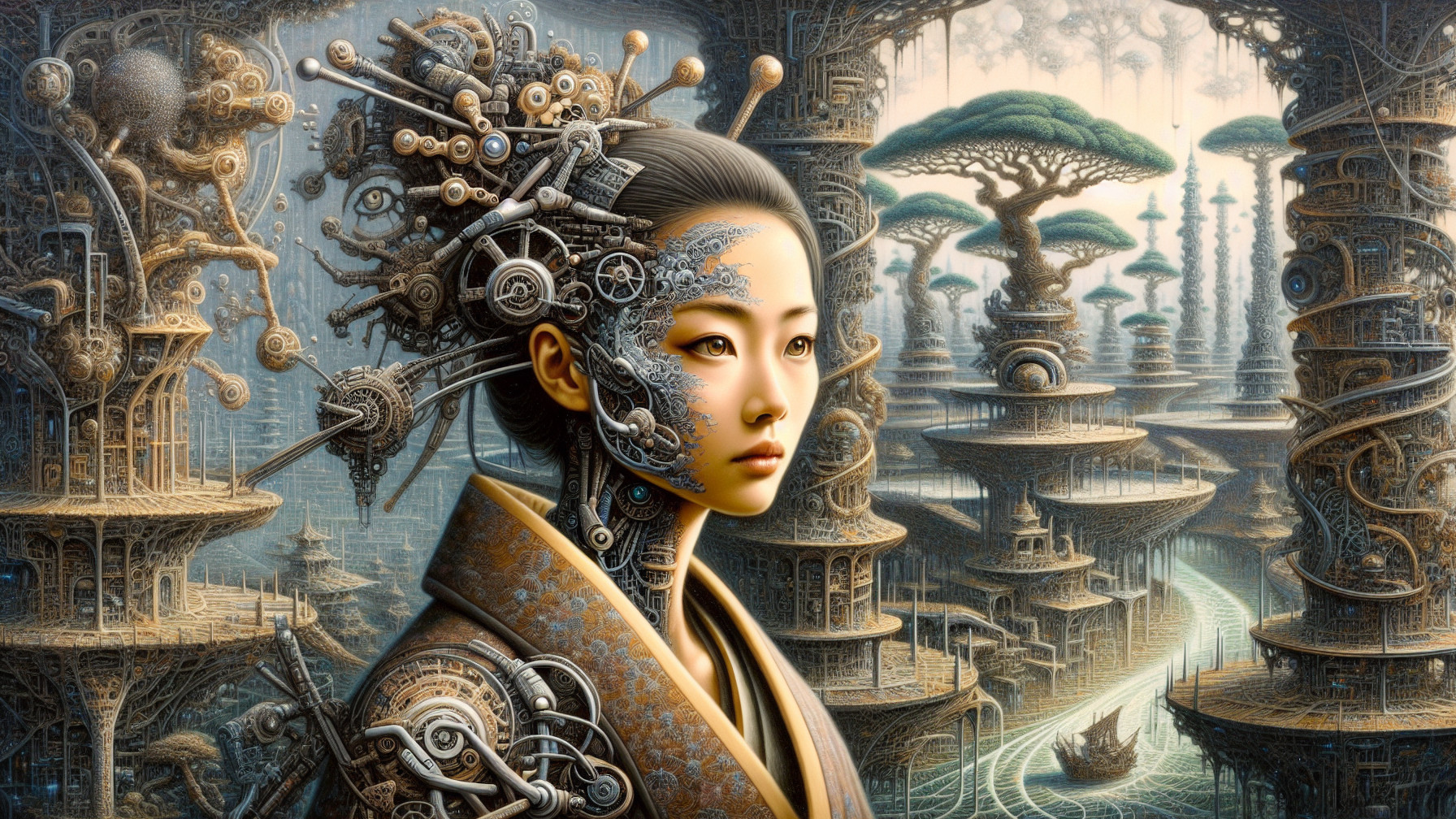 Futuristic Woman with Mechanical Features in Surreal Landscape