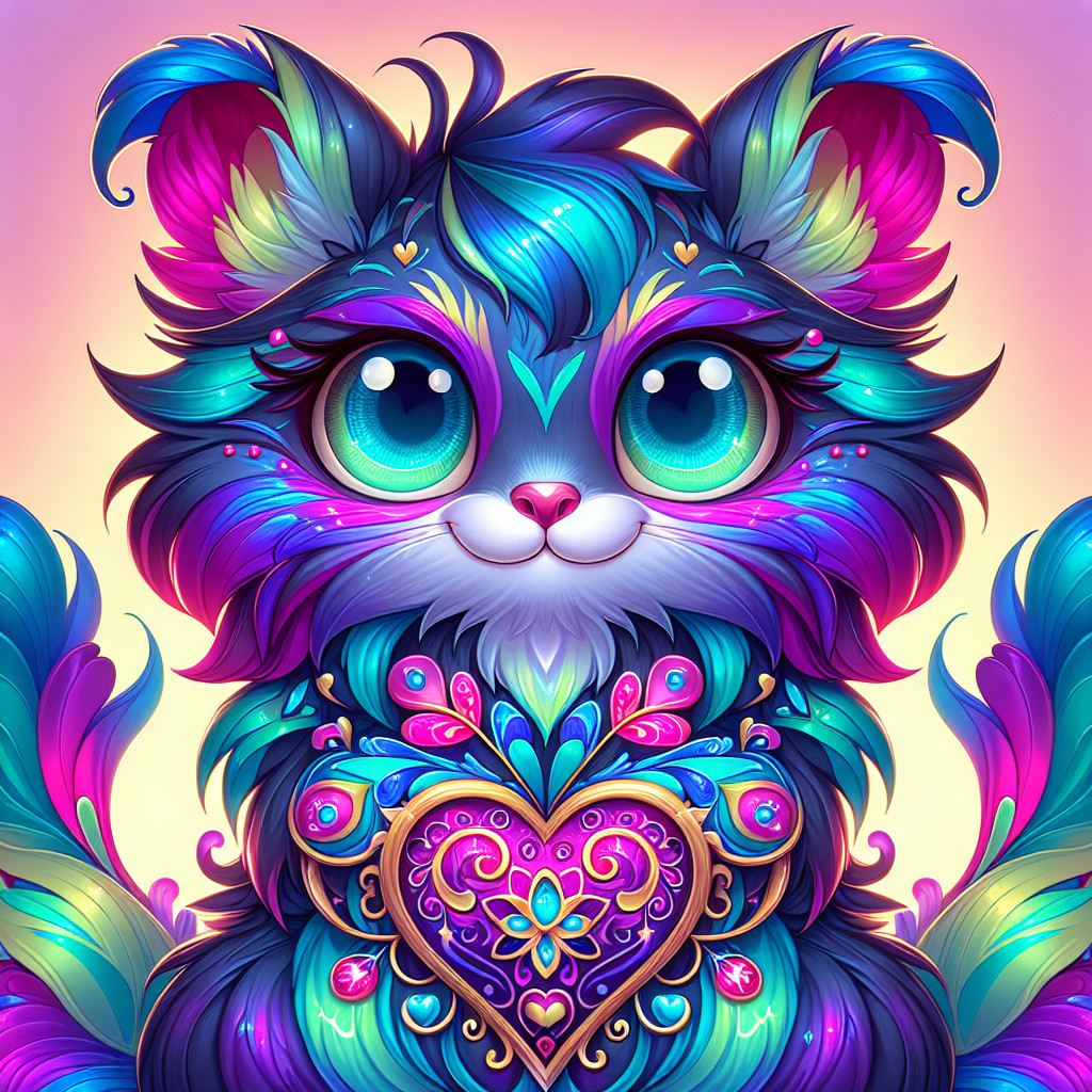 Vibrant Cartoon Cat with Colorful Patterns and Floral Design