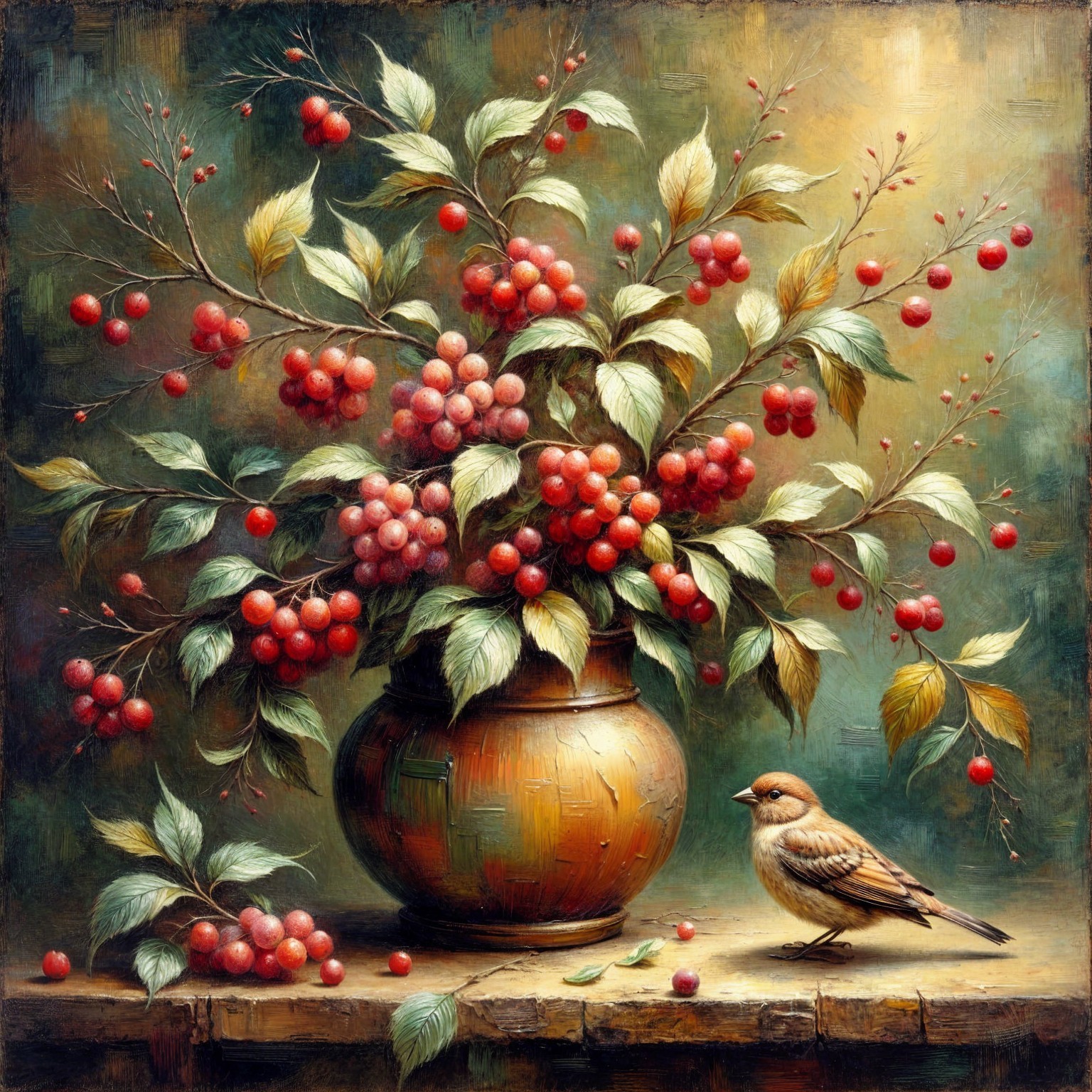 Rustic Vase with Red Berries and Green Leaves