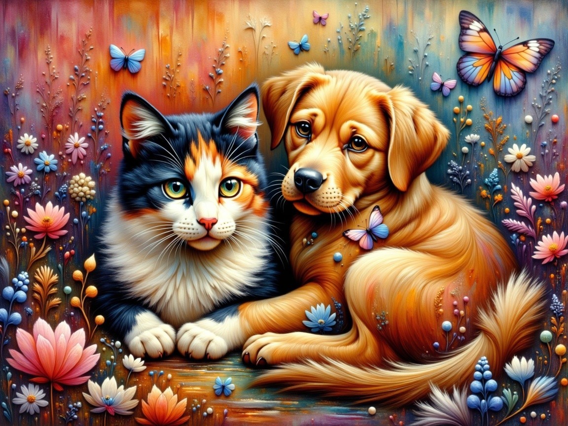 Calico Cat and Golden Retriever Puppy in Colorful Scene