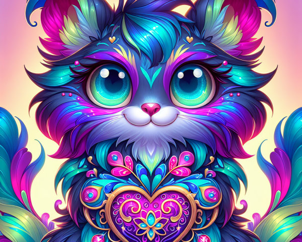 Vibrant Cartoon Cat with Colorful Patterns and Floral Design
