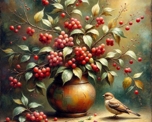 Rustic Vase with Red Berries and Green Leaves