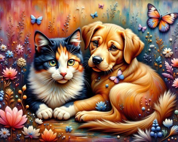 Calico Cat and Golden Retriever Puppy in Colorful Scene
