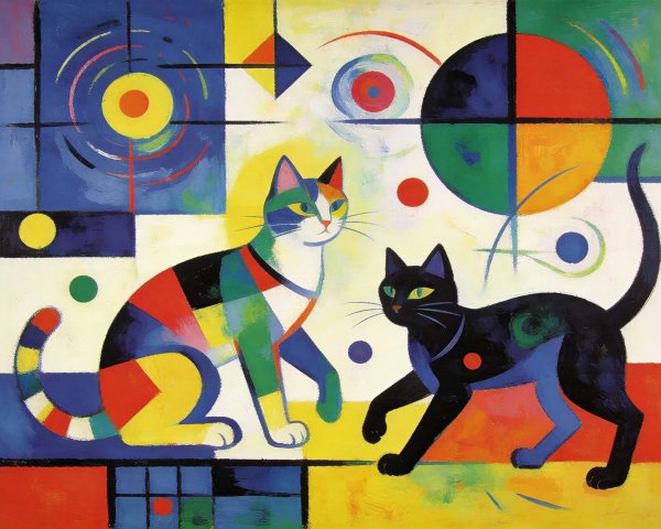 Cubist Artwork Featuring Two Colorful Cats