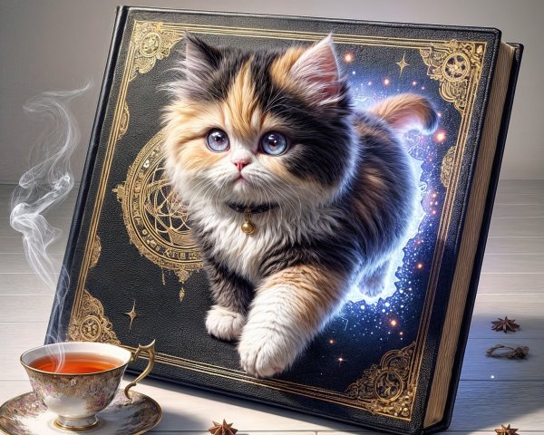 Calico Kitten Leaping from Mystical Leather Book