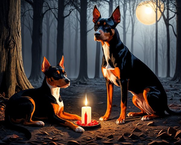 Basenji Dogs in Mystical Forest with Candle and Strawberries