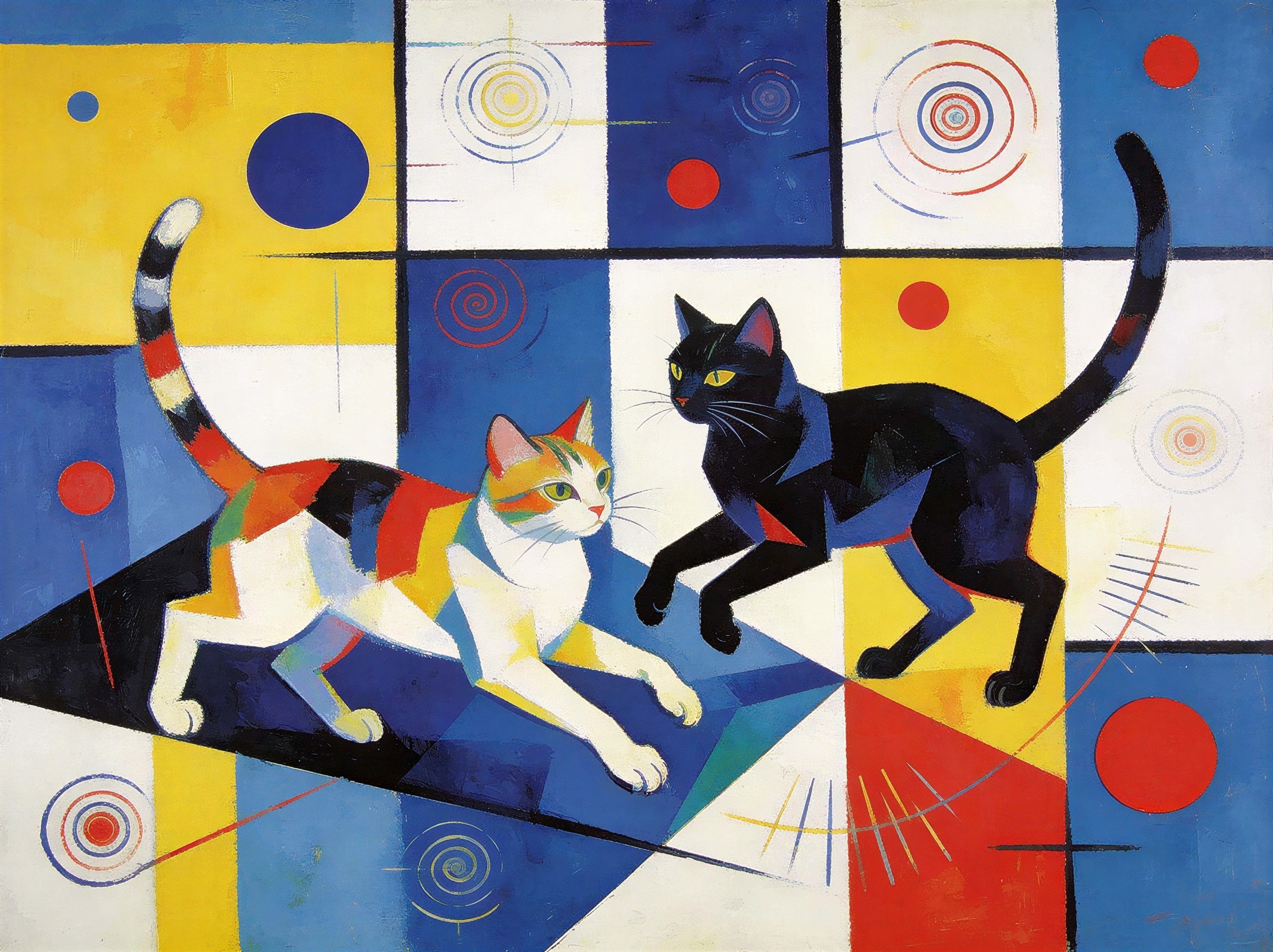 Cubist-style painting of two abstract cats in colors