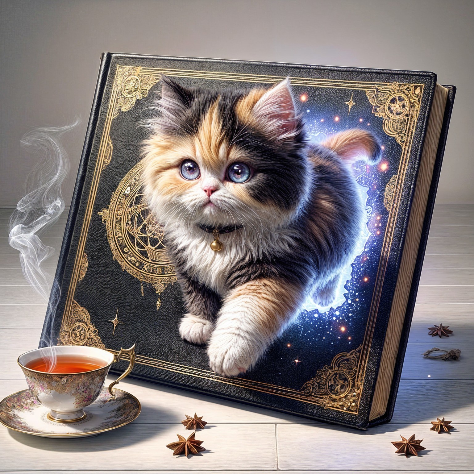Calico Kitten Leaping from Mystical Leather Book