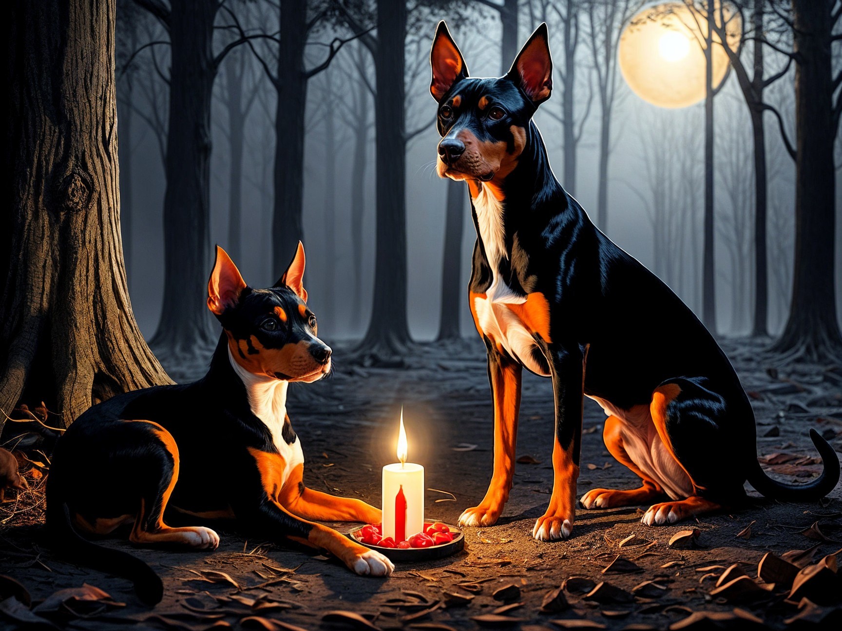 Basenji Dogs in Mystical Forest with Candle and Strawberries