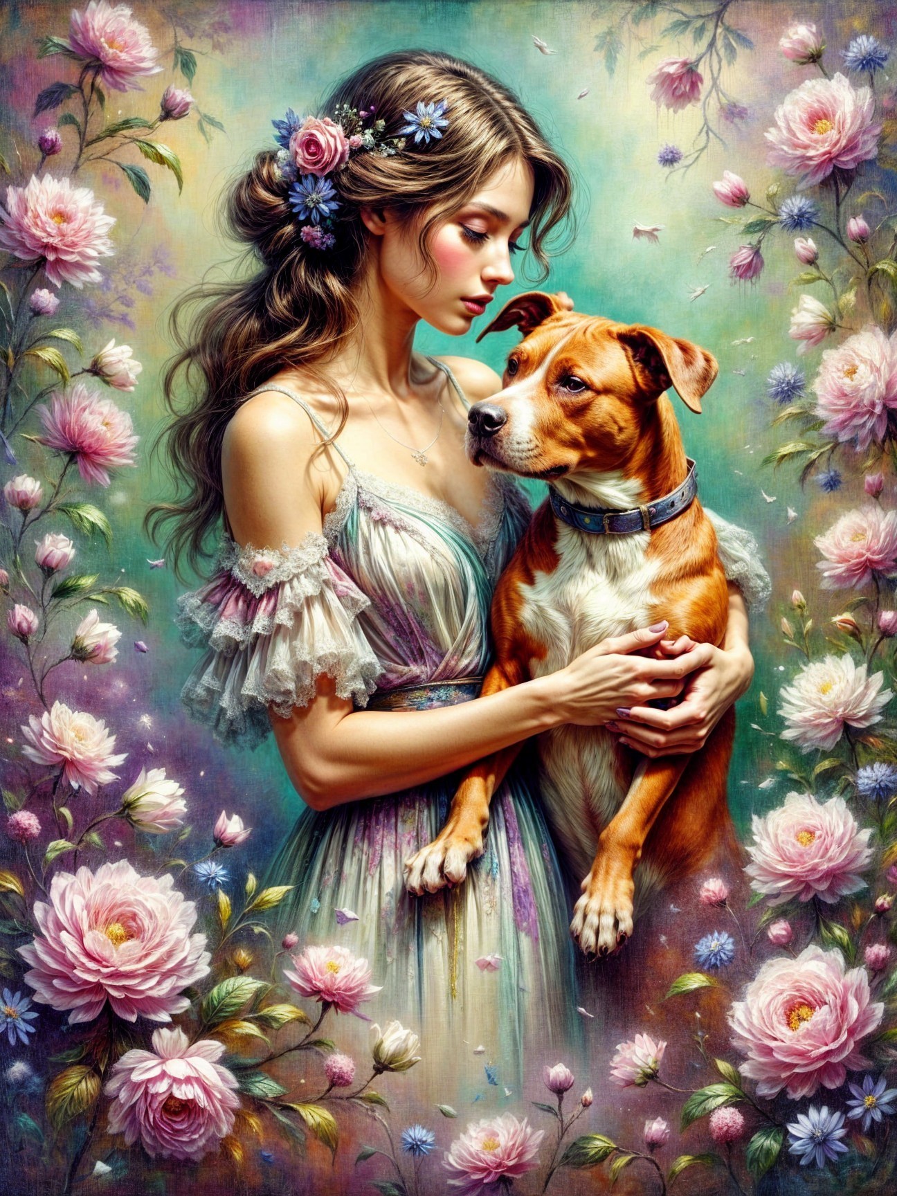 Serene Woman in Pastel Gown with Adoring Dog