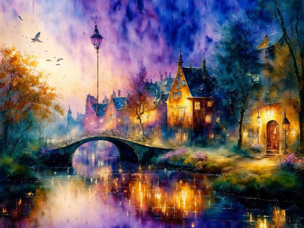 Twilight Canal Scene with Illuminated Buildings and Trees