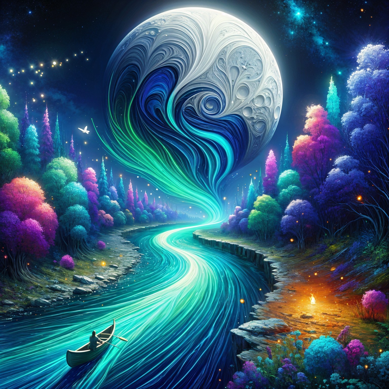 Serene river with vibrant landscape and swirling moon