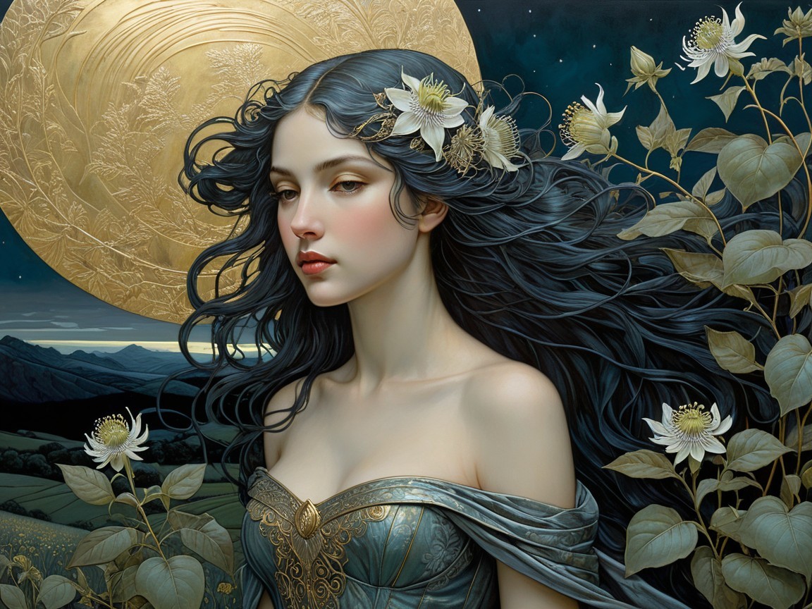 Serene Young Woman in Ethereal Landscape with Moon