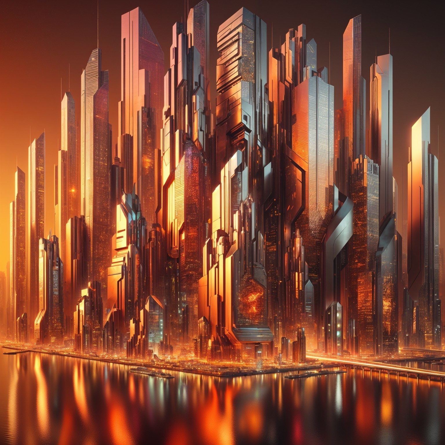 Futuristic cityscape at dusk with vibrant reflections