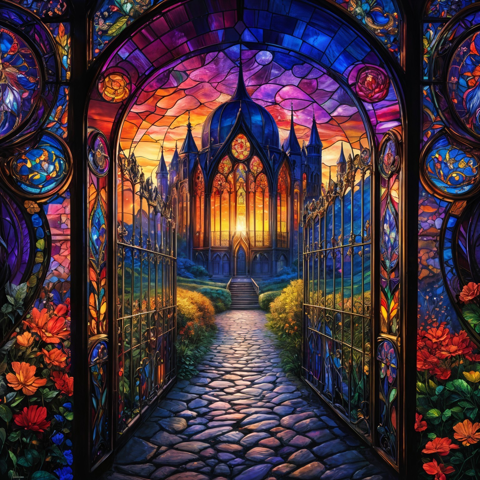 Stained-Glass Archway with Castle and Sunset View