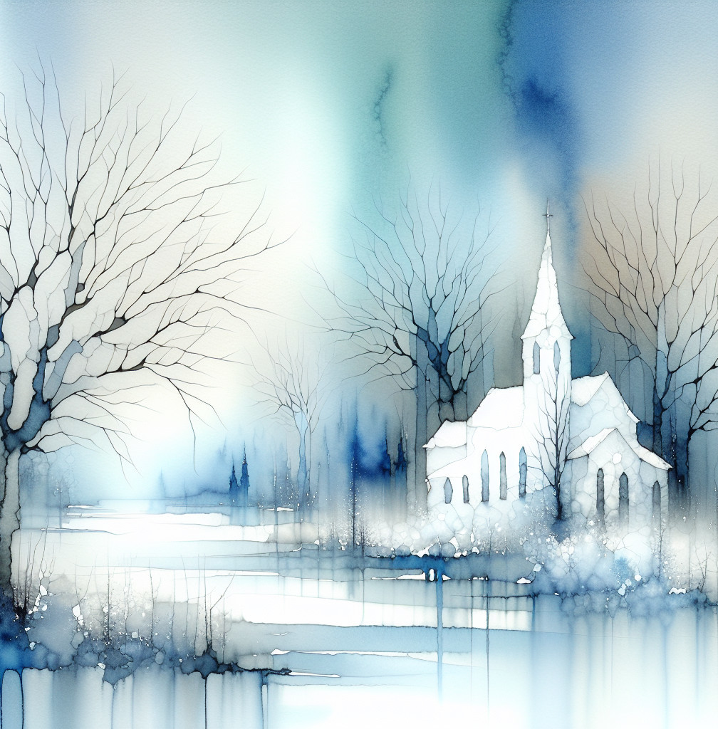 Serene Winter Landscape with Church and Snowy Trees