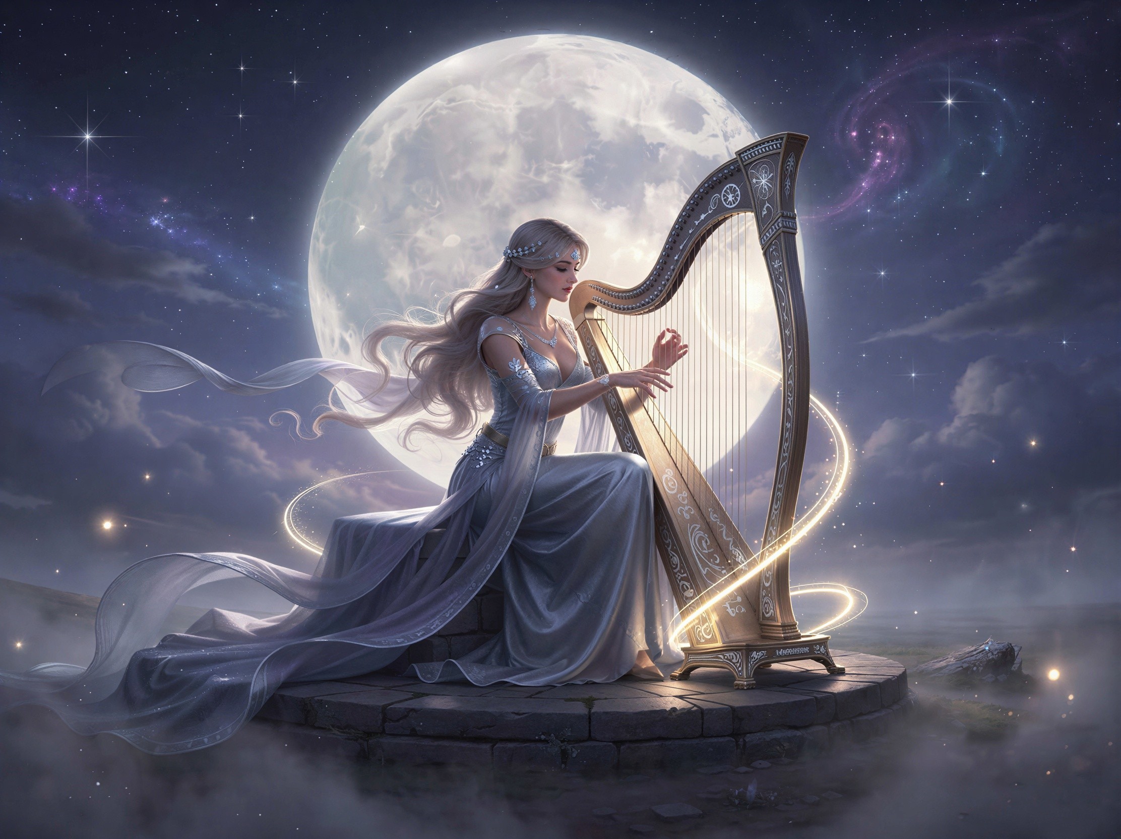 Young Woman Playing Harp Under Moonlit Sky