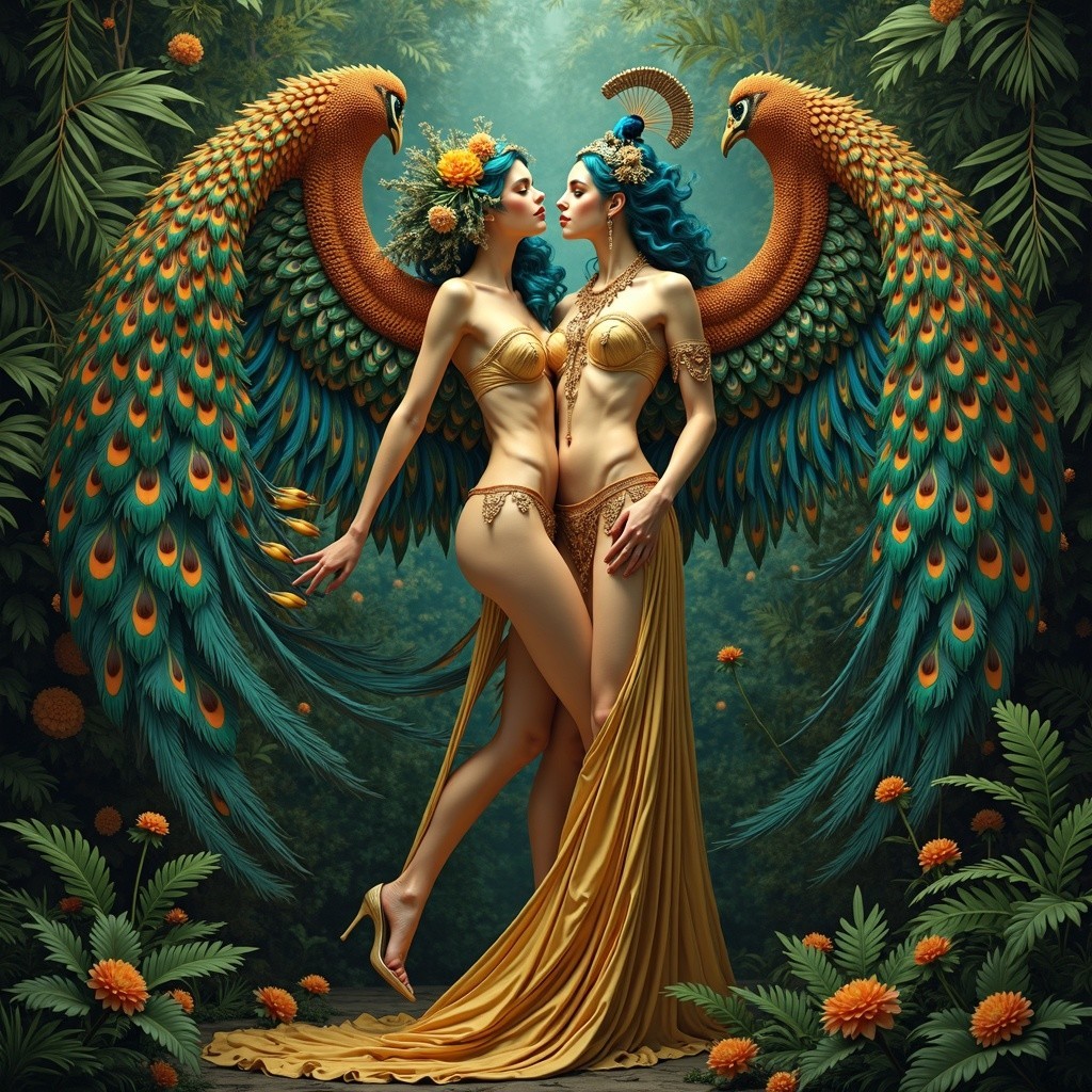 Ethereal Figures with Peacock Wings in Tropical Setting