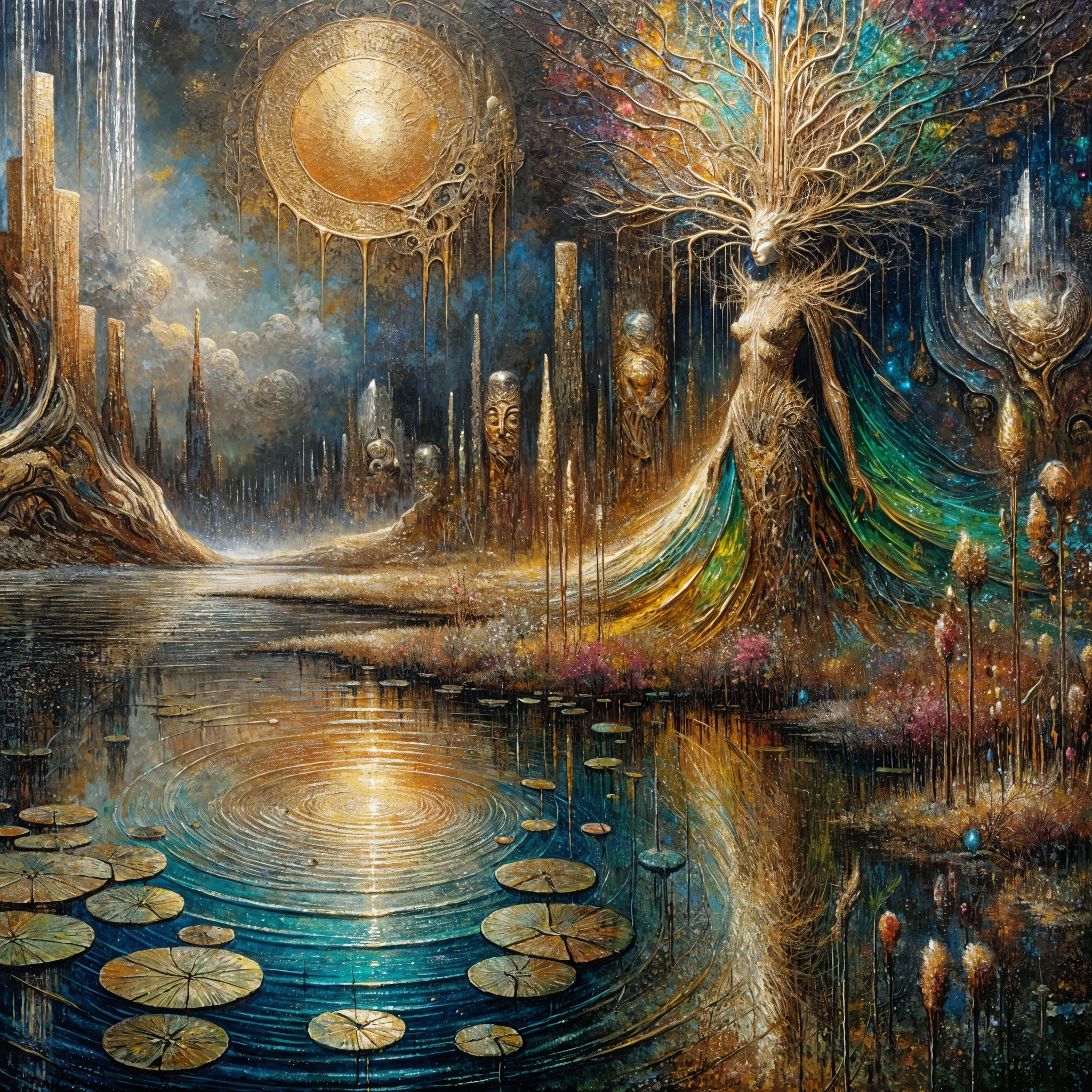 Mystical Landscape with Serene Water and Majestic Figure