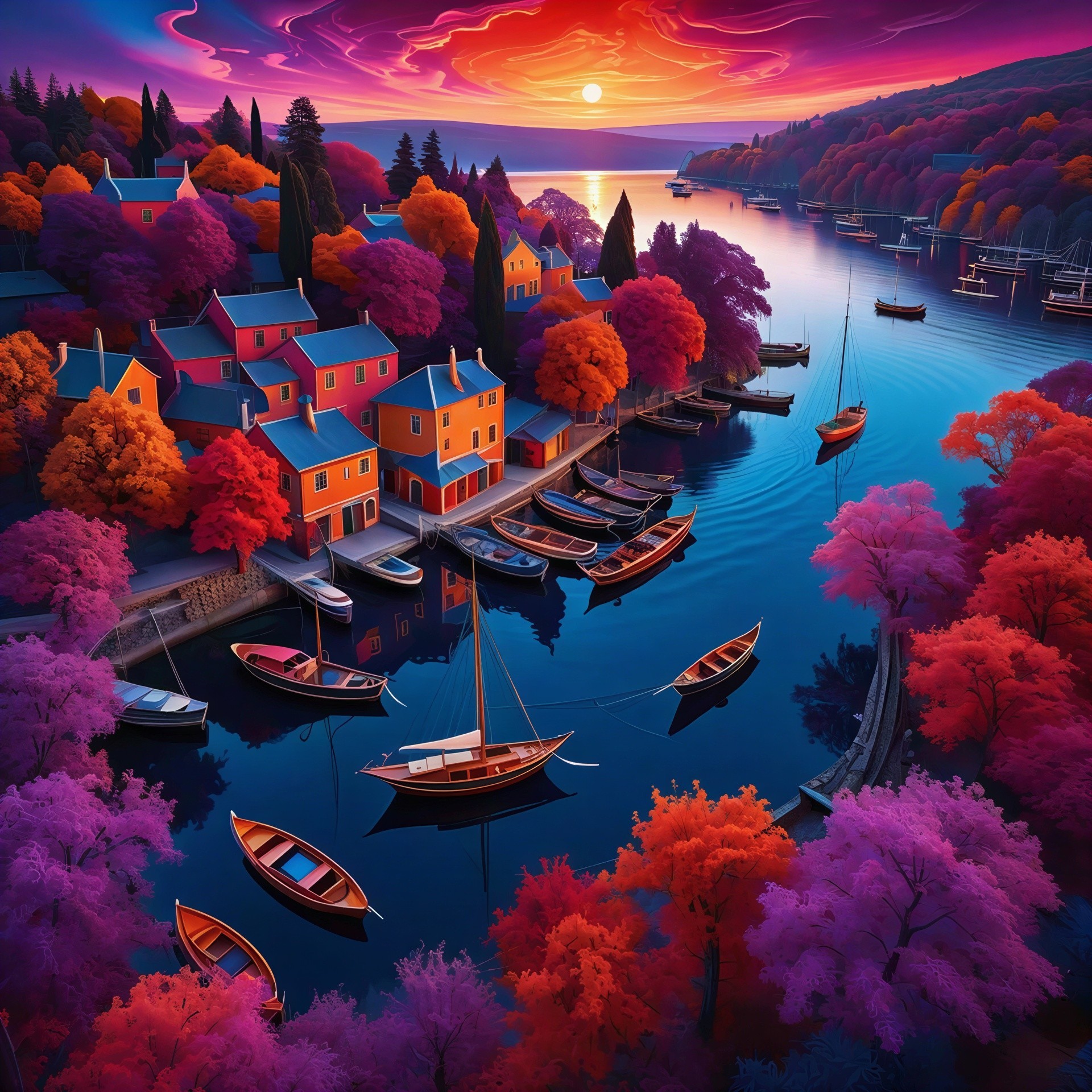 Surreal Aerial View of a Coastal Village at Sunset