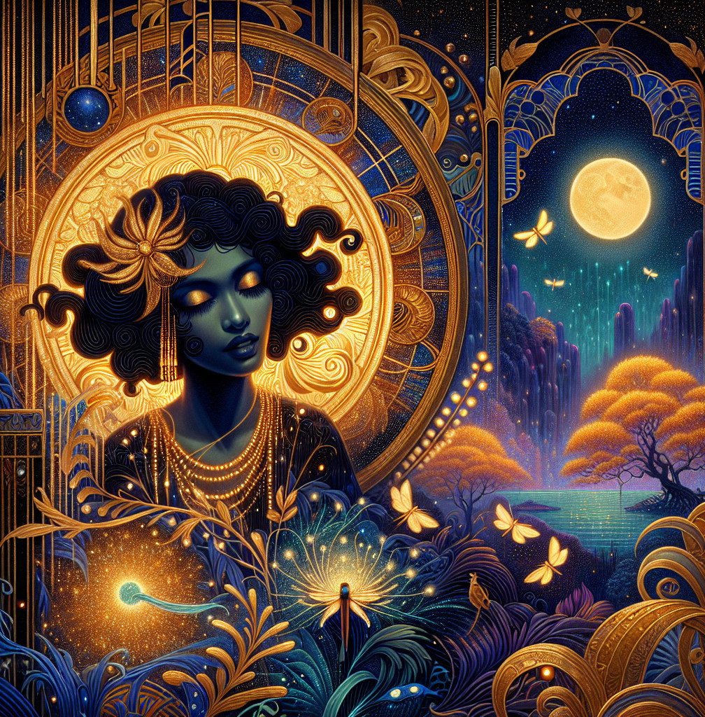 Mystical Scene of Woman with Glowing Eyes and Nature