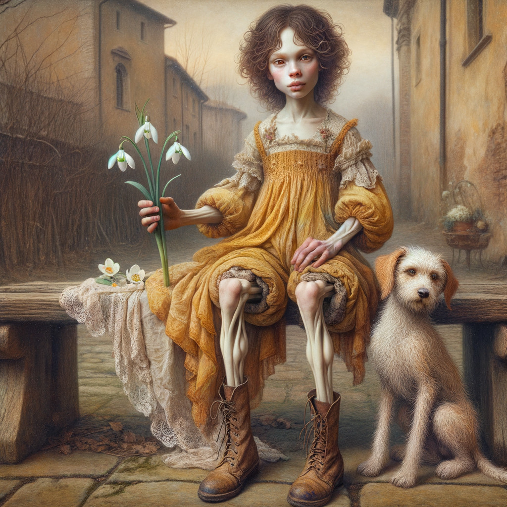 Whimsical Scene of Girl with Snowdrops and Dog