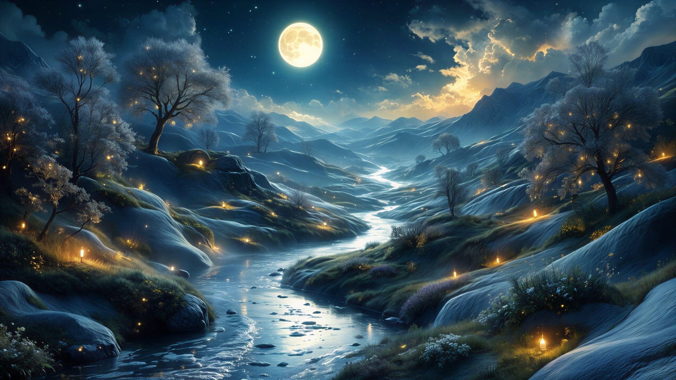 Serene Night Scene with River and Moonlit Hills