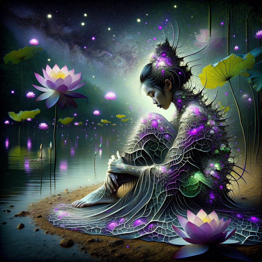 Serene Figure by Tranquil Lake with Cosmic Elements