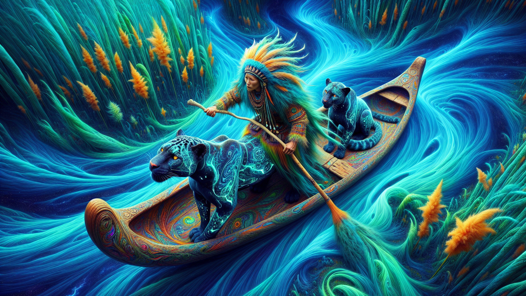 Serene River Scene with Indigenous Figure and Big Cats