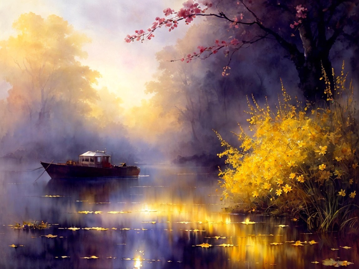 Serene River Landscape with Misty Trees and Flowers