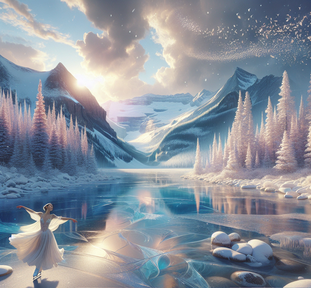 Winter Landscape with Dancer by Icy Lake and Mountains