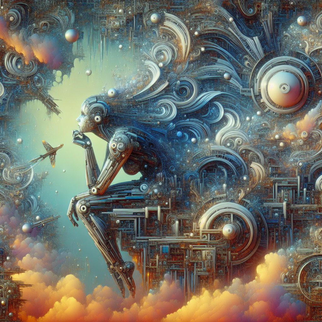 Futuristic Robotic Figure in Surreal Machinery Landscape