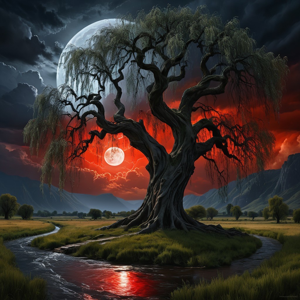 Majestic Tree Against Dramatic Sunset and Moonlit Sky