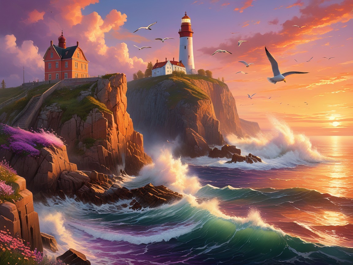 Coastal Landscape with Lighthouse and Sunset Colors