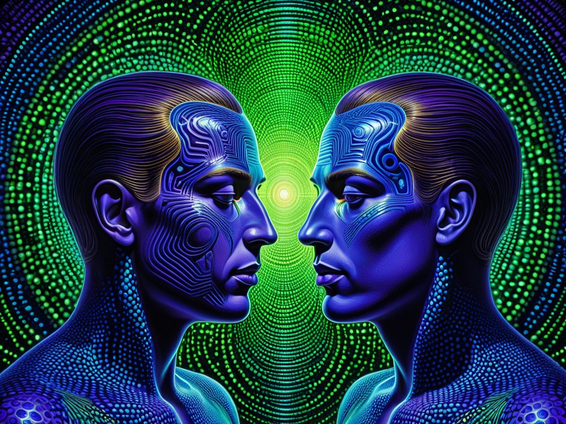 Stylized figures with glowing patterns in vibrant colors